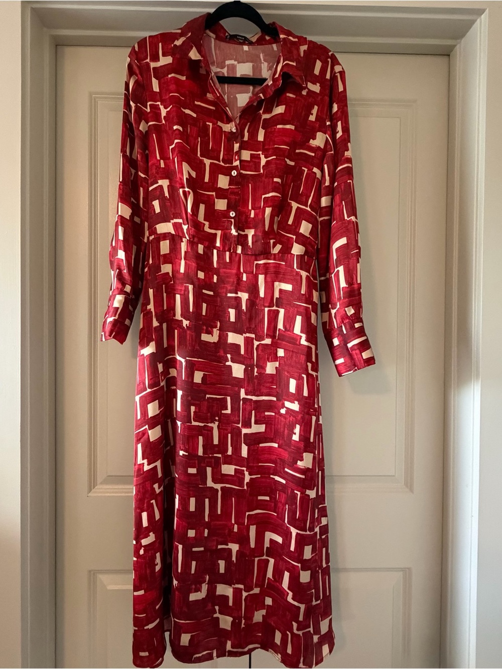 Mango Red and Cream Geometric Maxi Shirt Dress